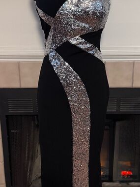 NEW Angel Fashion Black Gown with Silver Sequin Bodice and Accents
